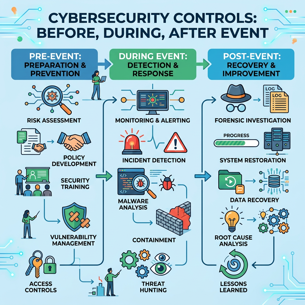 Flowchart showing cybersecurity controls categorized into pre-event, during event, and post-event phases with related actions and icons.